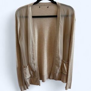 Beige/tan open front cardigan with sheer sides and pockets